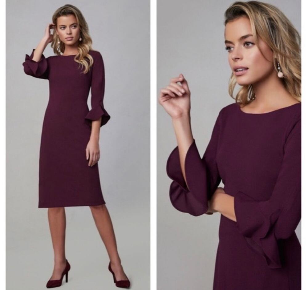 Karl Lagerfeld Tulip Sleeve Scuba Dress Size 2 Plum Purple Scoop Neck